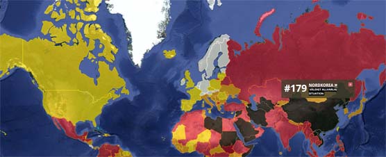 Skärmdump från RUGs hemsida med en översikt av den globala pressfriheten.